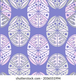 Patrón sin foco con formas geométricas abstractas ovaladas con ornamento en tonos púrpura. Se puede utilizar para papel textil, estacionario, fondo y papel pintado, envolver papel. 