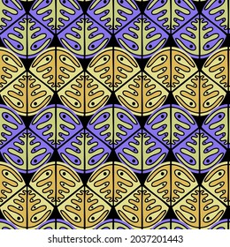 Seamless pattern with abstract geometric oval shapes with ornament in purple and yellow tones. Can be used for textile, stationary, backgrounds and wallpaper, wrapping paper. 