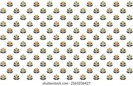 Seamless pattern with abstract geometric round flower and leaf in orange light n green on white background. Vector illustration, for masculine shirt lady dress cloth summer cover decoration wallpaper 