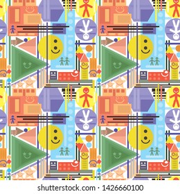 Seamless pattern with abstract geometric shapes on a white background.