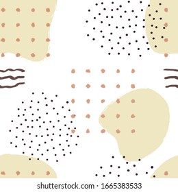 seamless pattern of abstract geometric shapes, dots, lines in crayon style.