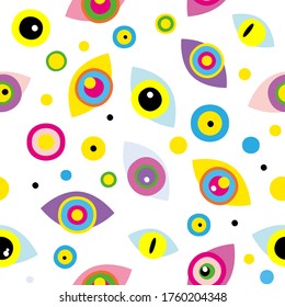 Seamless pattern with abstract geometric shapes, eyes, dots on white background