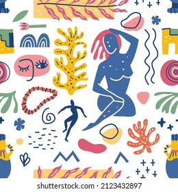 Seamless pattern with abstract geometric shapes in Matisse style. Various Shapes and objects. Creative hand drawn contemporary doodle elements flowers, plants, zigzag, lines, for fashion,