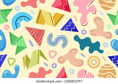 Seamless pattern with abstract geometric shapes, repeating pattern template swatch. Vibrant simple geometric forms and figures, blotches, triangles, ribbons, circles,