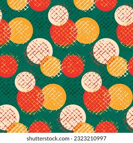 Seamless pattern, abstract pattern with geometric shapes in retro style. Funny design with colored polka dots: small colored circles, check texture on a green background. Vector illustration.