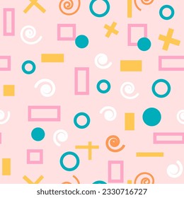 Seamless pattern of abstract geometric shapes on pink and transparent backgrounds