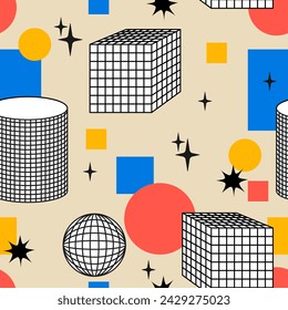 Seamless pattern with abstract geometric shapes and forms. Vector flat background in bauhaus brutalism concept. Wireframe cylinder, cubes and globes