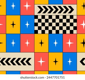 Seamless pattern with abstract geometric shapes. Checkered vector background with stars and arrows