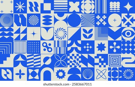 Seamless pattern with abstract geometric shapes, symbols, forms and other simple elements. Minimalist, brutalist or bauhaus style background. Swiss style postmodern design. EPS10 vector graphic.