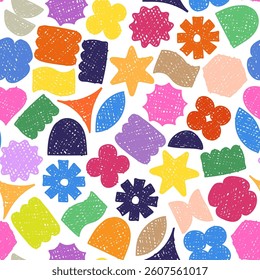 Seamless pattern abstract geometric shapes. Figures from strokes with bright multi-colored markers. Background in the style of 70s and 80s retro icons. Vector illustration on a white background