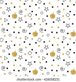 Seamless pattern. Abstract geometric shapes white seamless pattern. Vintage geometry inspired seamless black on white. Gold apple. Memphis style. Wrapping for market