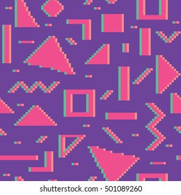 Seamless pattern and abstract geometric shapes in pixel art style 