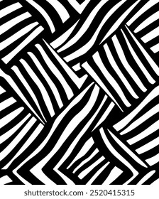 Padrão contínuo com listras e formas geométricas abstratas.  Padrão de listras de pele de zebra monocromática abstrata. impressão gráfica, tendência.