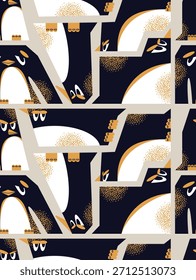 Seamless pattern with abstract geometric stylized penguin characters isolated on background. Funny sad birds, winter wildlife, annoyed faces concept. Vector flat illustration