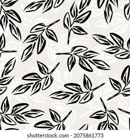 Seamless  pattern from Abstract geometric tree branch, leaf. Black dashed outline and white outlines on a gray background. Botanical modern print for fabric, curtains, bedding, paper, cover