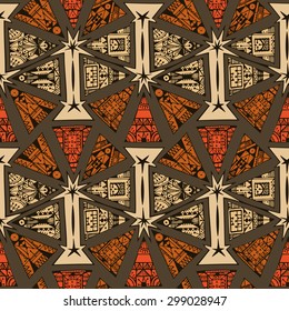 Seamless pattern with abstract geometric triangles.  Ethnic ornaments. Hand drawn graphics. Zigzag and circular path shape pattern. Terracotta red ocher color.
