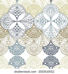 Seamless pattern with abstract geometric triangular shapes with ornament in grey and yellow tones. Can be used for textile, stationary, backgrounds and wallpaper, wrapping paper. 