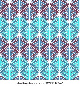 Seamless pattern with abstract geometric triangular shapes with ornament in bright blue and red tones. Can be used for textile, stationary, backgrounds and wallpaper, wrapping paper. 