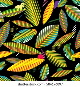 seamless pattern, abstract geometric tropical leaves on black background