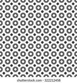 Seamless pattern. Abstract geometrical background. Retro stylish texture.  Regularly repeating geometric ornament with corrugated circles and stars. Vector element of graphical design