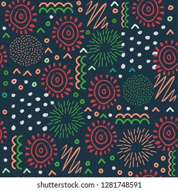 Seamless pattern, abstract, geometrical figures, black background, hand drawn, vector illustration