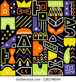 Seamless pattern, abstract, geometrical figures, abstract art, black background, hand drawn, vector illustration