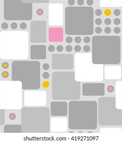 A seamless pattern of an abstract geometry from rounded rectangles and circles pink, yellow, gray on a gray background.
