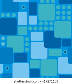 A seamless pattern of an abstract geometry from rounded rectangles and circles blue, green on a blue background.