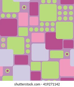 A seamless pattern of an abstract geometry from rounded rectangles and circles purple, green, pink on a light violet background.