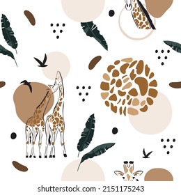 Girafas abstractas y hojas de plátano sin foco. Estilo moderno. Vector, ilustración.