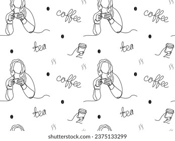 seamless pattern of abstract girls with coffee and tea one line continuous art