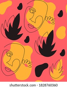 
Patrón sin foco de la cara abstracta de una chica sobre un fondo rosado. Bonito papel pintado.