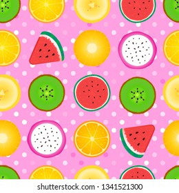 Seamless pattern Abstract girly texture of fruit slices. Vector illustration isolated on pink background. Surface texture design with watermelon, kiwi, pineapple, orange, banana