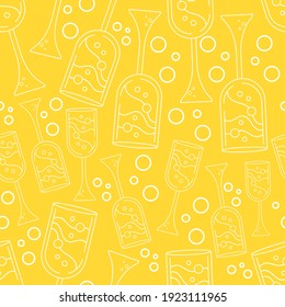 Seamless pattern abstract glass of champagne on a yellow background. Vector illustration for decoration, wrapping, wallpaper. Kitchen and bar design. Line art style fabric.