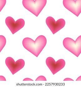 Seamless pattern of abstract glowing hearts and corrugated paper style hearts in trendy soft shades