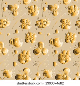 Seamless pattern of abstract gold colors. Individual flowers on a gold background.