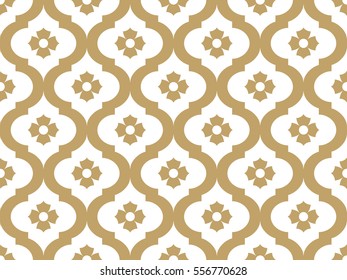 Seamless pattern with abstract golden branches and flowers on white background.  Decorative lattice in the Moroccan style. Vector ethnic design.  