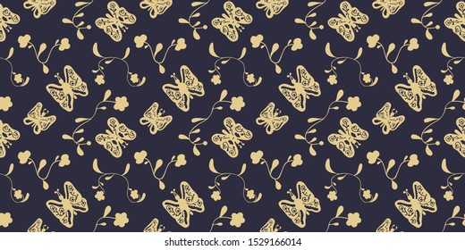 Seamless pattern of abstract golden butterflies and flowers on a dark background. Hand drawing. For fabric, wallpaper, textile, etc. Vector.