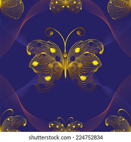 Seamless pattern with abstract golden butterflies on violet background with wavy transparent stripes