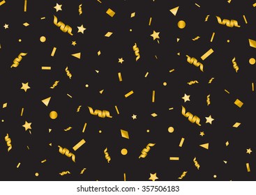 Seamless pattern with the abstract golden confetti background. Isolated on the black. Vector holiday illustration.