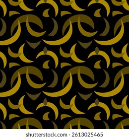 Seamless pattern abstract golden figures and crescents on black background. Vector drawing for print, textile, background, decor.