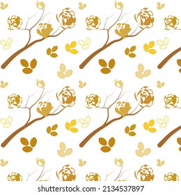 Seamless pattern with abstract golden leaves and sakura blossom.Vector design for banners, souvenirs, textiles, wrapping paper, prints, decorations, packaging.