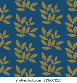 Seamless pattern with abstract golden leaves on blue background.Vector design for banners, souvenirs, textiles, wrapping paper, prints, decorations, packaging.