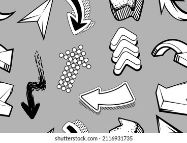 Seamless pattern with abstract graffiti arrows. Cartoon teenage creative image.