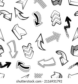Seamless pattern with abstract graffiti arrows. Cartoon teenage creative image.