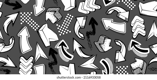 Seamless pattern with abstract graffiti arrows. Cartoon teenage creative image.