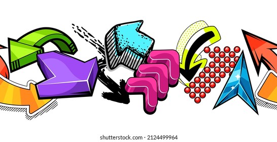 Seamless pattern with abstract graffiti arrows. Cartoon teenage creative image.