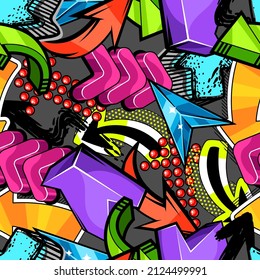 Seamless Pattern With Abstract Graffiti Arrows. Cartoon Teenage Creative Image.