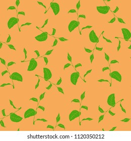 Seamless pattern with abstract green branches with leaves on yelow background.  Hand drawn vector illustration.