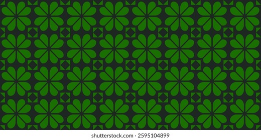 Seamless pattern with abstract green clover leaves on a dark background. Perfect for St. Patrick's Day designs and decorations. High resolution vector for fabric, textiles, wrapping paper, etc.